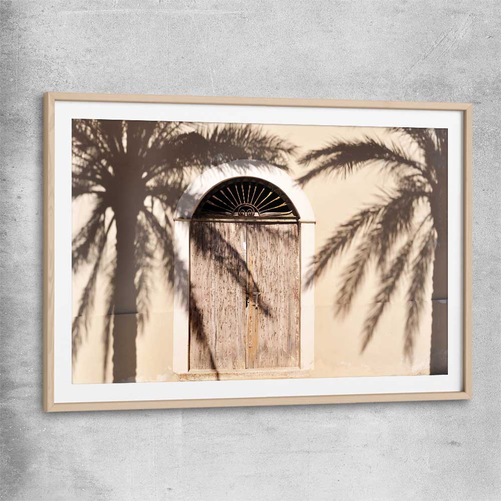 Marrakech Palm Shadows raw oak glass front frame is a high quality print in our city skyline, travel prints and maps collection