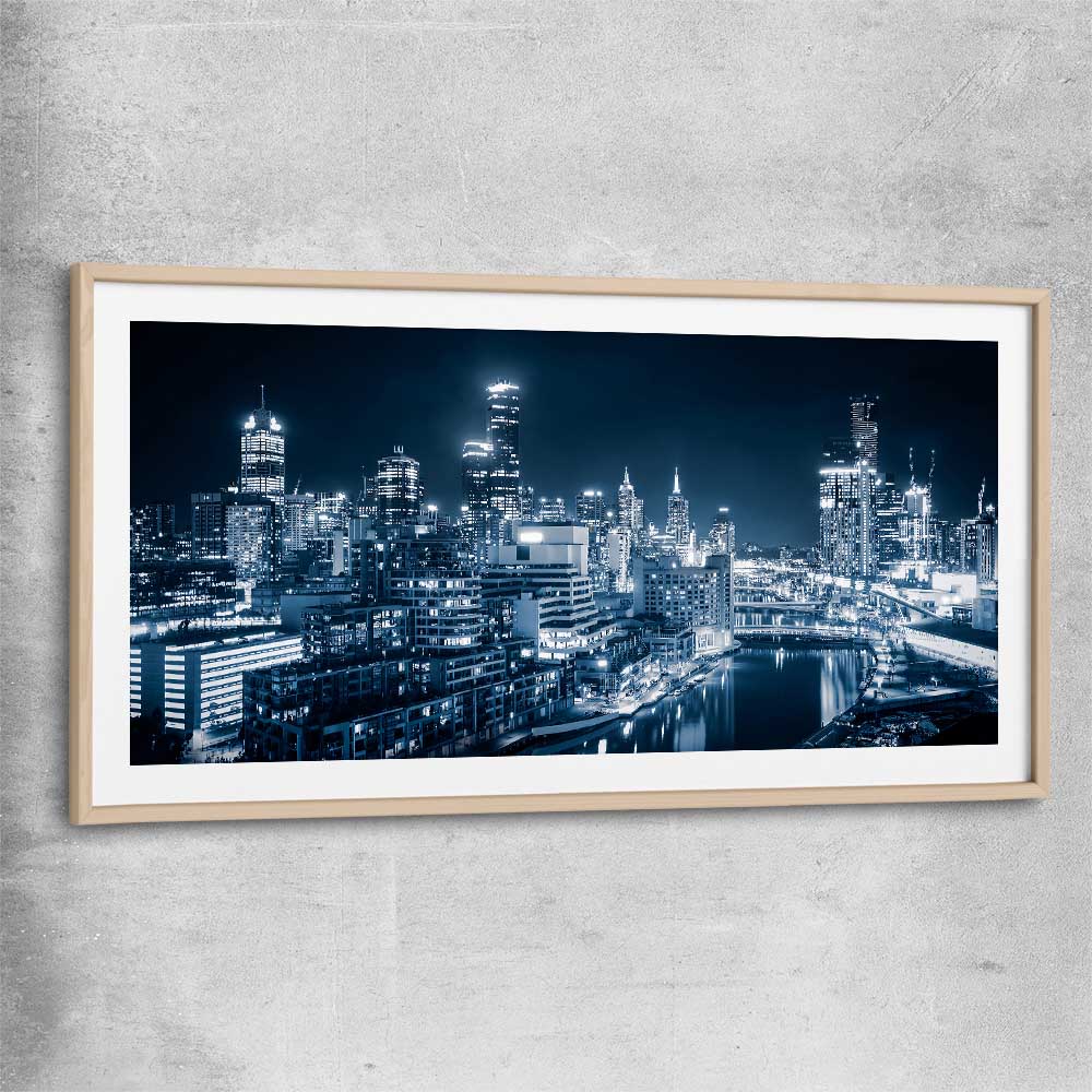 Melbourne City Glow raw oak glass front frame is a high quality print in our city skyline, travel prints and maps collection