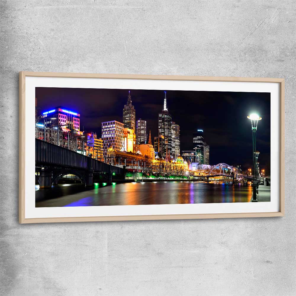Melbourne City Lights raw oak glass front frame is a high quality print in our city skyline, travel prints and maps collection