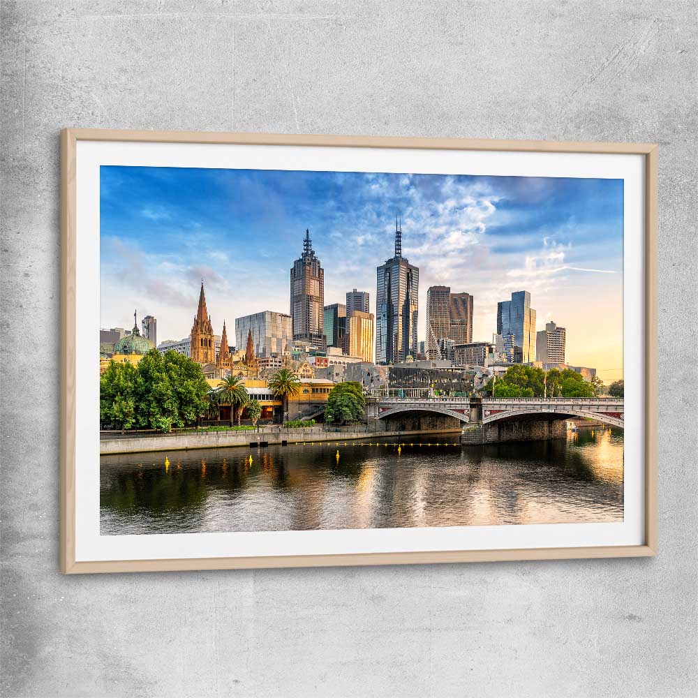 Melbourne Golden Skyline raw oak glass front frame is a high quality print in our city skyline, travel prints and maps collection