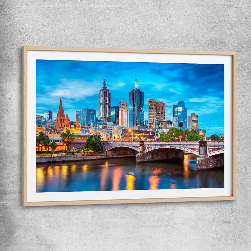 Melbourne Twilight Skyline raw oak glass front frame is a high quality print in our city skyline, travel prints and maps collection