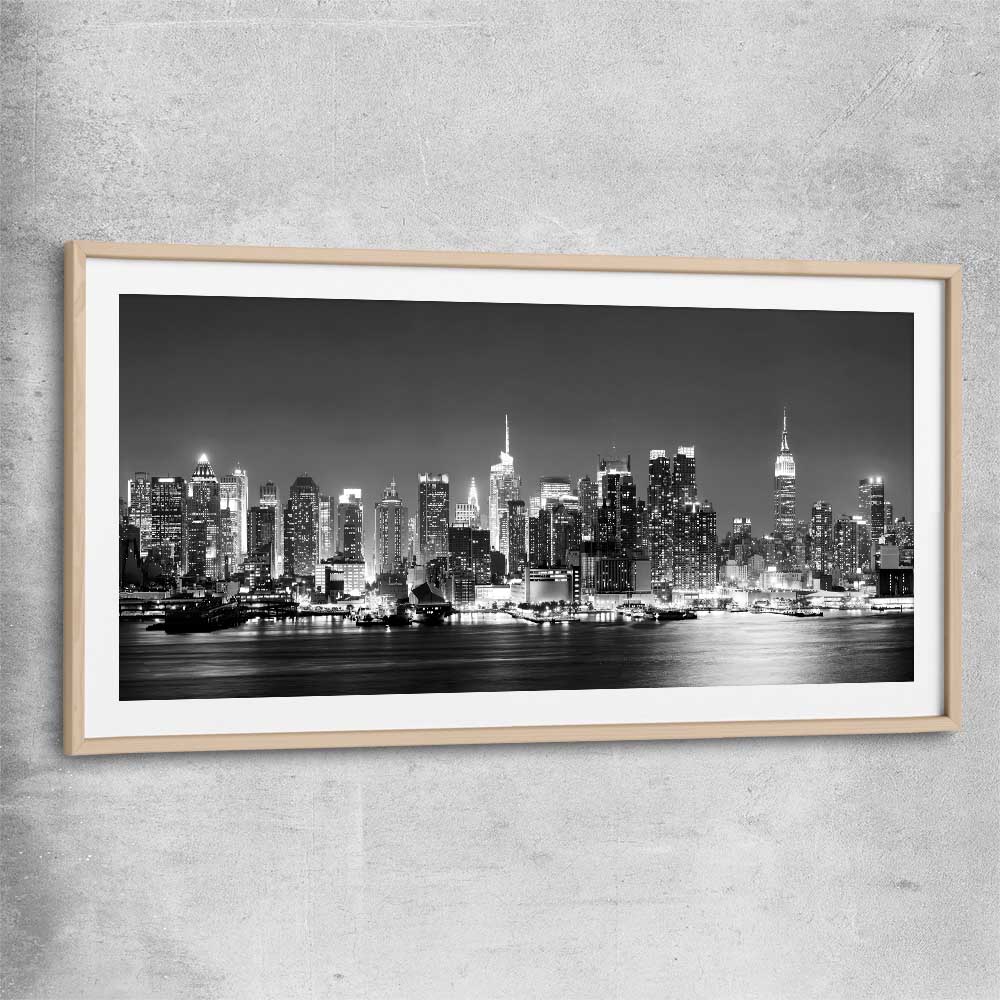 Midtown Manhattan raw oak glass front frame is a high quality print in our city skyline, travel prints and maps collection