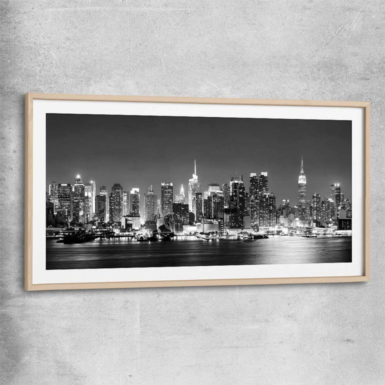 Midtown Manhattan raw oak glass front frame is a high quality print in our city skyline, travel prints and maps collection