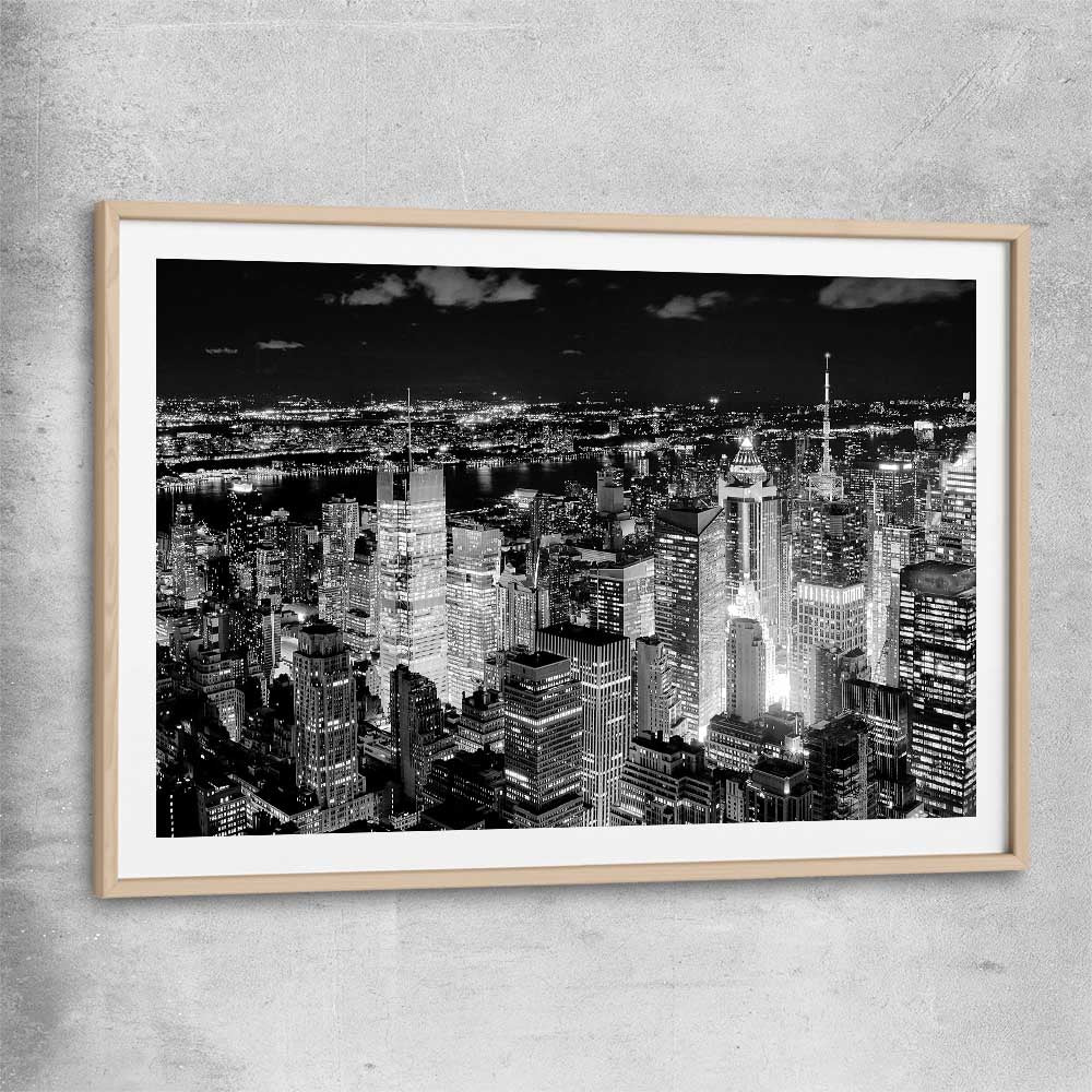 New York Cityscape raw oak glass front frame is a high quality print in our city skyline, travel prints and maps collection