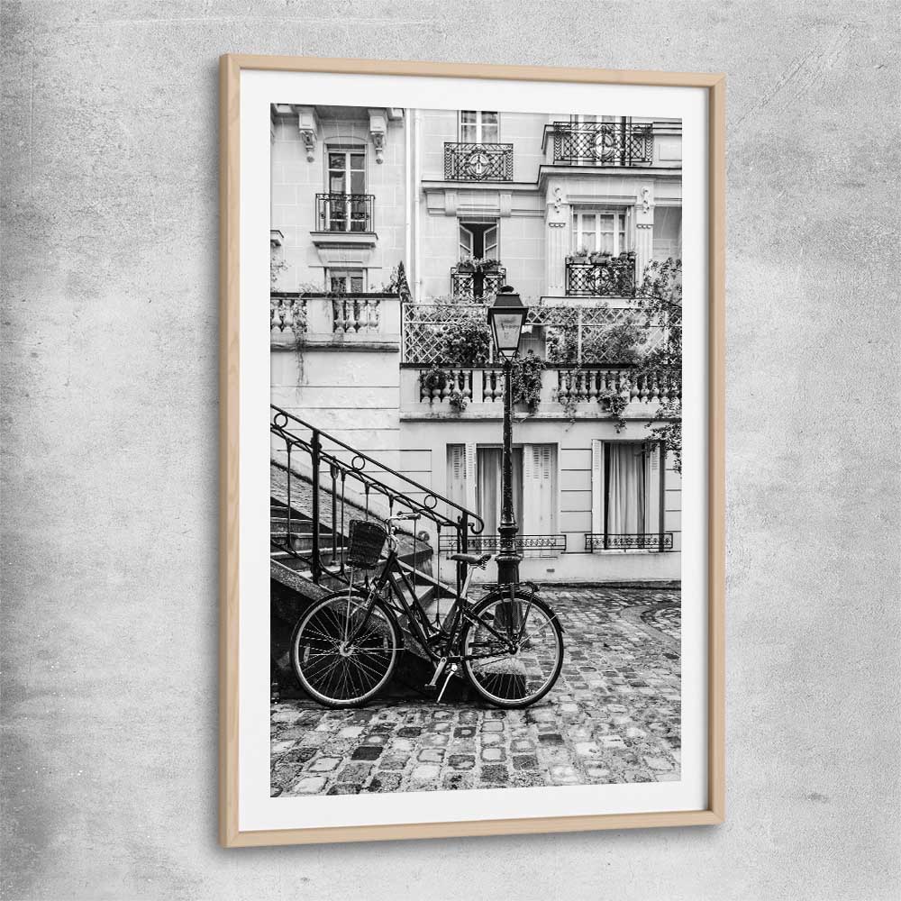 Paris Bicycle raw oak glass front frame is a high quality print in our city skyline, travel prints and maps collection