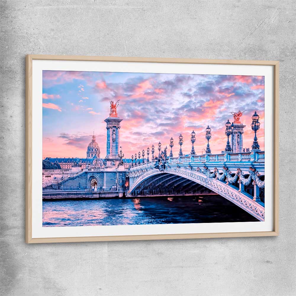 Paris Bridge Sunset raw oak glass front frame is a high quality print in our city skyline, travel prints and maps collection