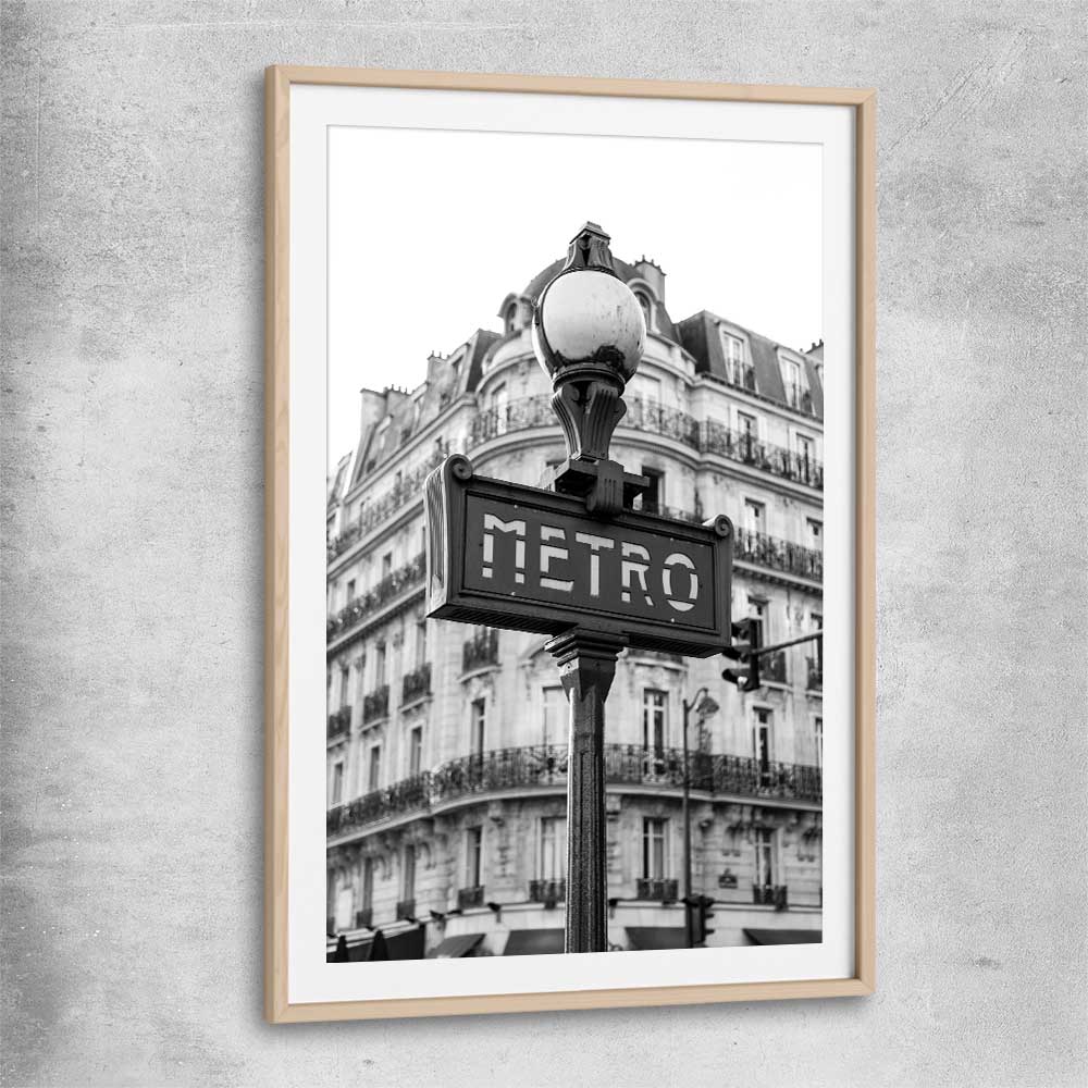 Paris Metro raw oak glass front frame is a high quality print in our city skyline, travel prints and maps collection