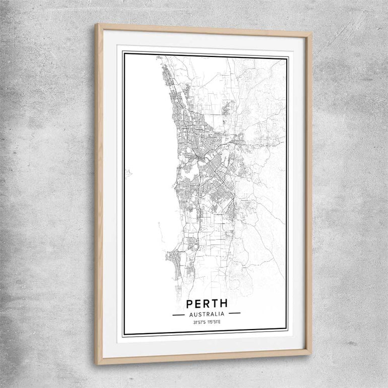 Perth City raw oak glass front frame is a high quality print in our city skyline, travel prints and maps collection