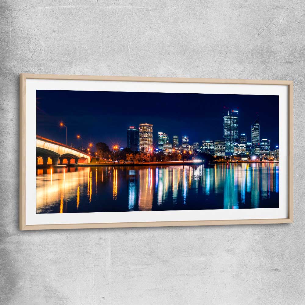 Perth Skyline Glow raw oak glass front frame is a high quality print in our city skyline, travel prints and maps collection