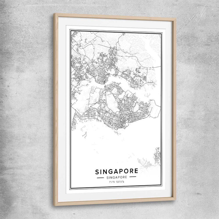 Singapore City raw oak glass front frame is a high quality print in our city skyline, travel prints and maps collection