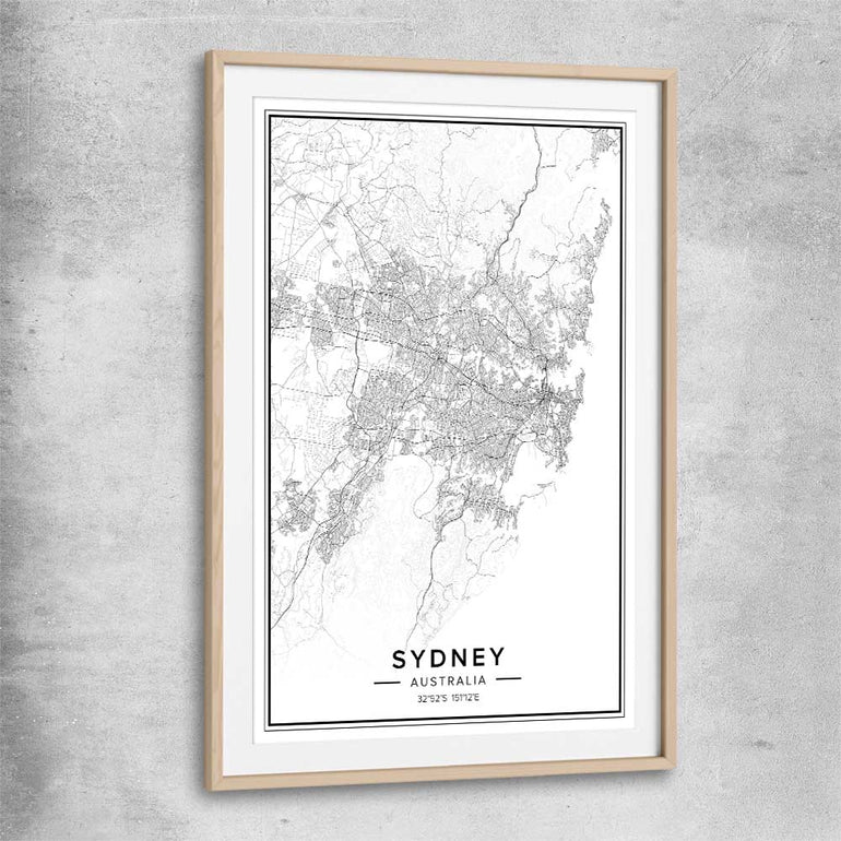 Sydney City raw oak glass front frame is a high quality print in our city skyline, travel prints and maps collection