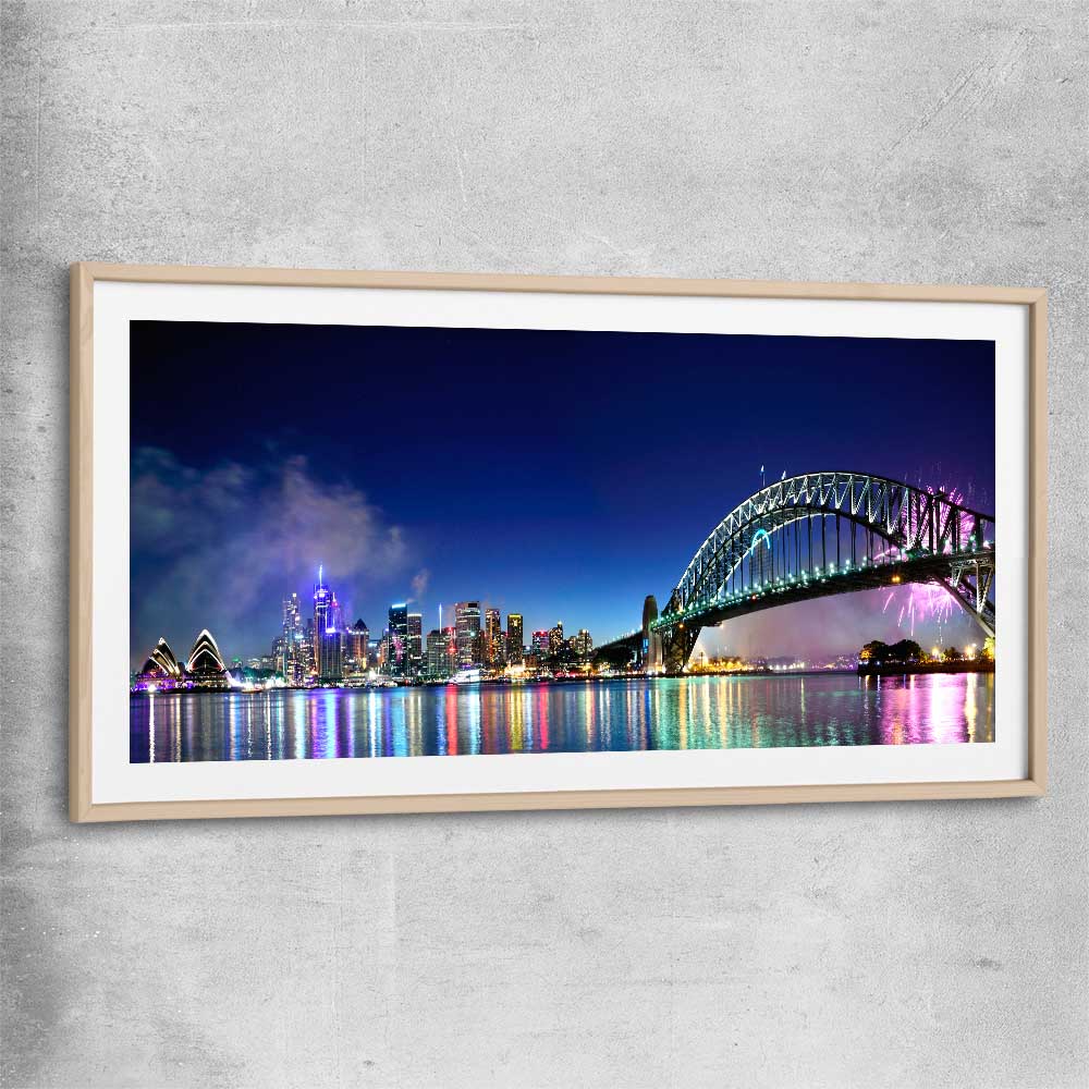 Sydney Harbour Lights raw oak glass front frame is a high quality print in our city skyline, travel prints and maps collection
