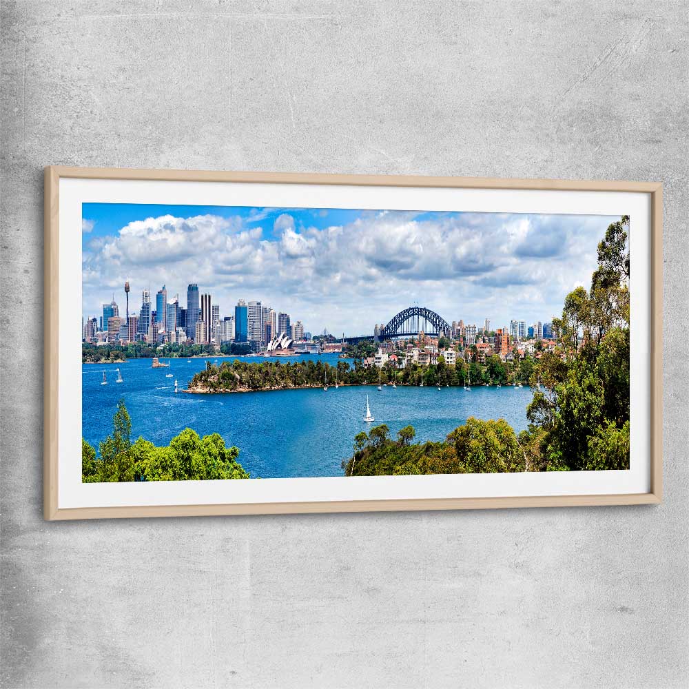 Sydney Harbour Panorama raw oak glass front frame is a high quality print in our city skyline, travel prints and maps collection