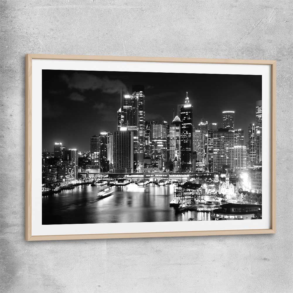 Sydney Night Skyline raw oak glass front frame is a high quality print in our city skyline, travel prints and maps collection