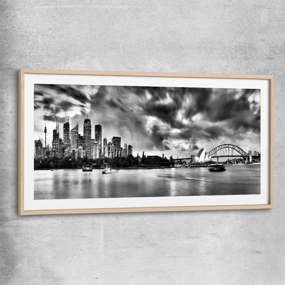 Sydney Skyline Noir raw oak glass front frame is a high quality print in our city skyline, travel prints and maps collection