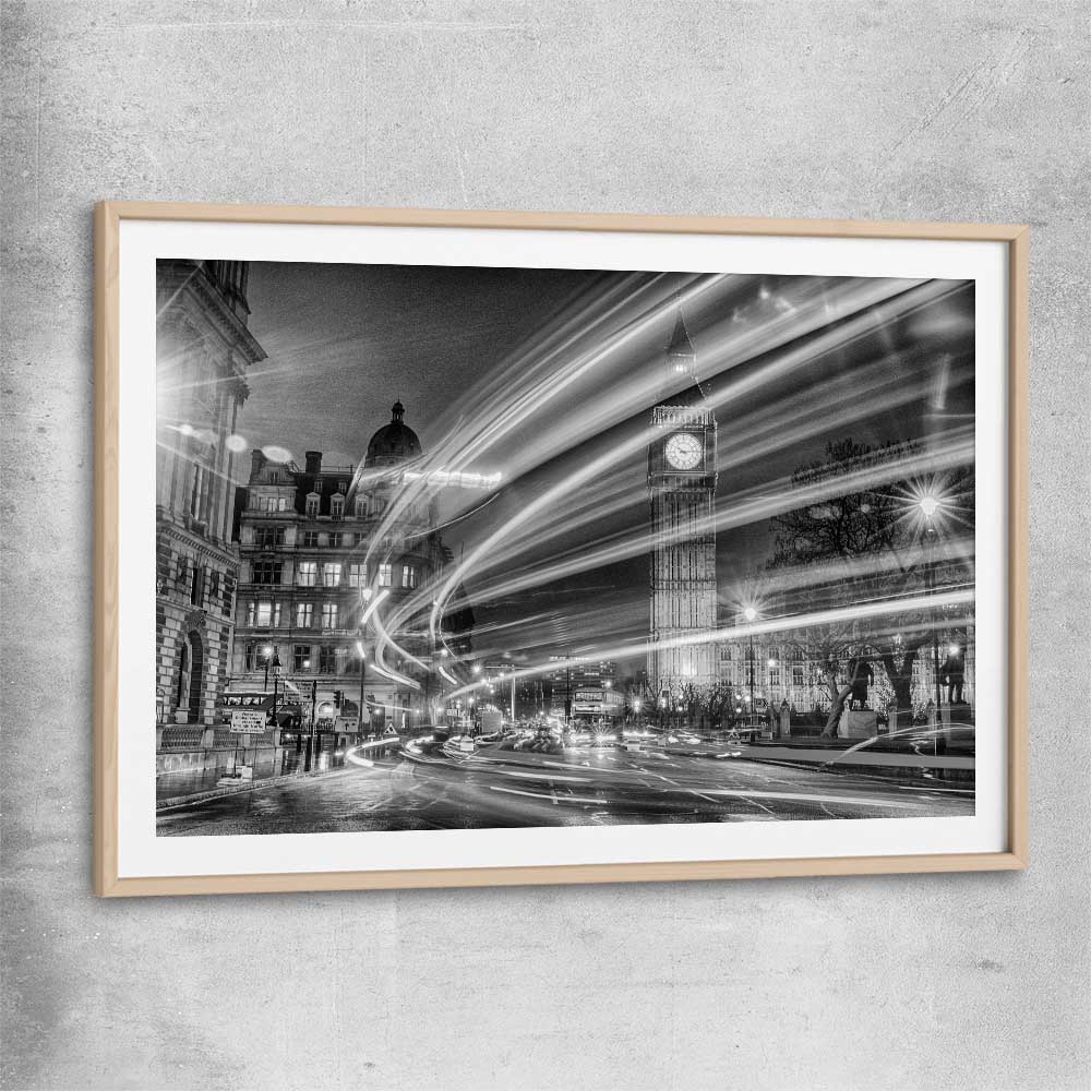 Urban London Lights raw oak glass front frame is a high quality print in our city skyline, travel prints and maps collection