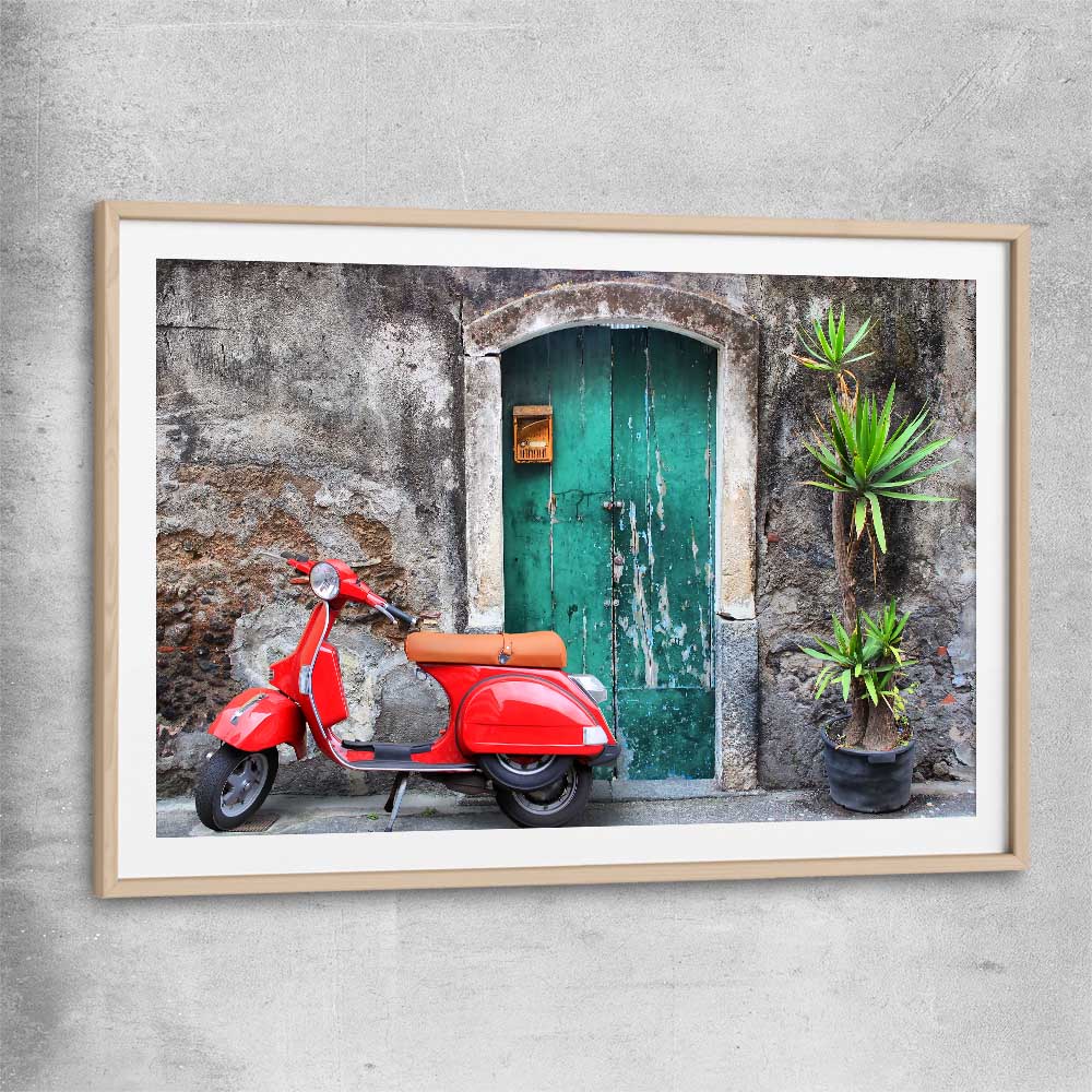 Vintage Red Scooter raw oak glass front frame is a high quality print in our city skyline, travel prints and maps collection