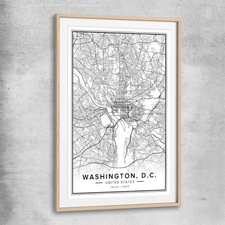 Washington City raw oak glass front frame is a high quality print in our city skyline, travel prints and maps collection