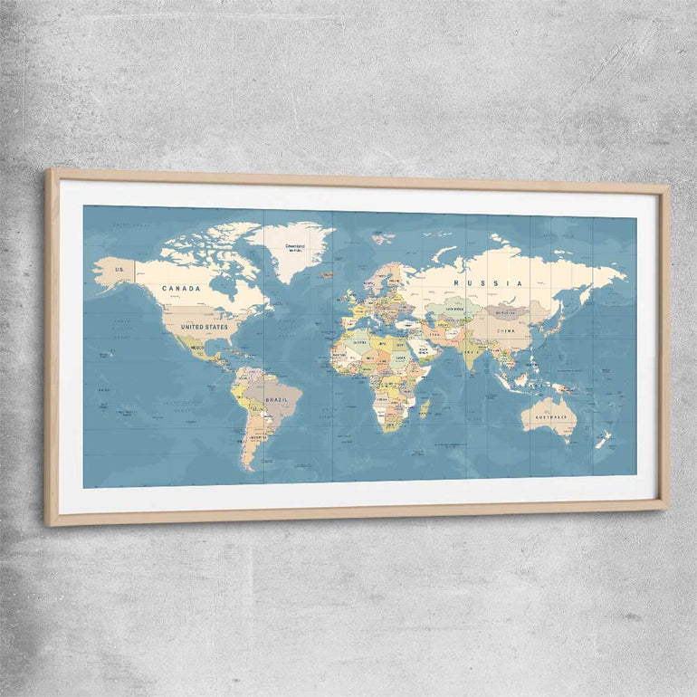 World Map raw oak glass front frame is a high quality print in our city skyline, travel prints and maps collection