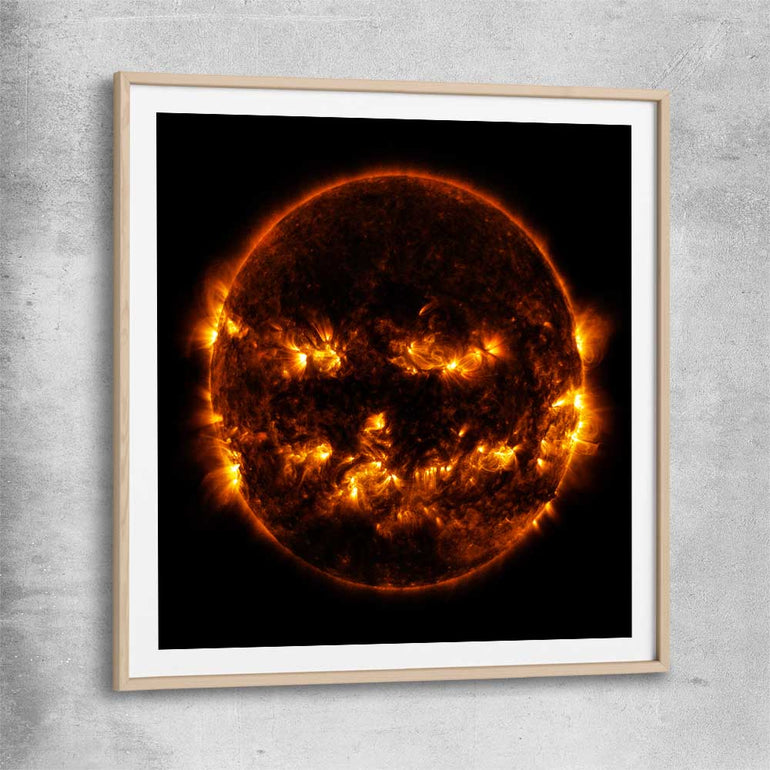 Space prints and wall art of Halloween Sun with raw oak glass front frame