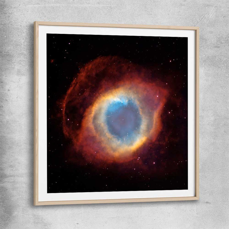 Space prints and wall art of Helix Nebula with raw oak glass front frame