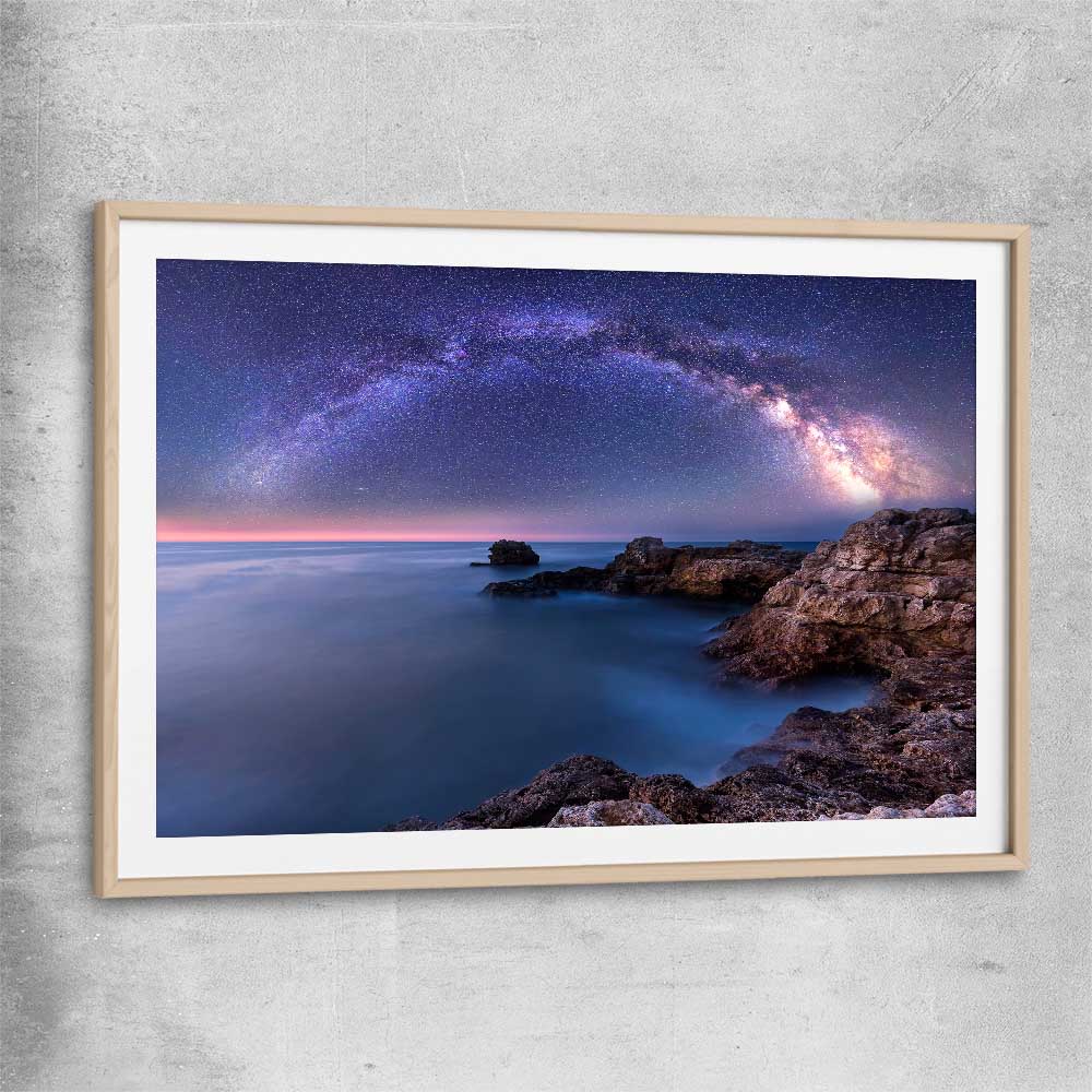 Space prints and wall art of Night Milky Way with raw oak glass front frame