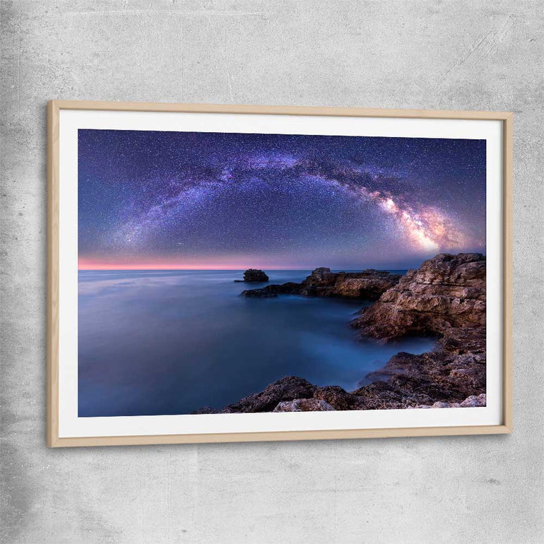 Space prints and wall art of Night Milky Way with raw oak glass front frame