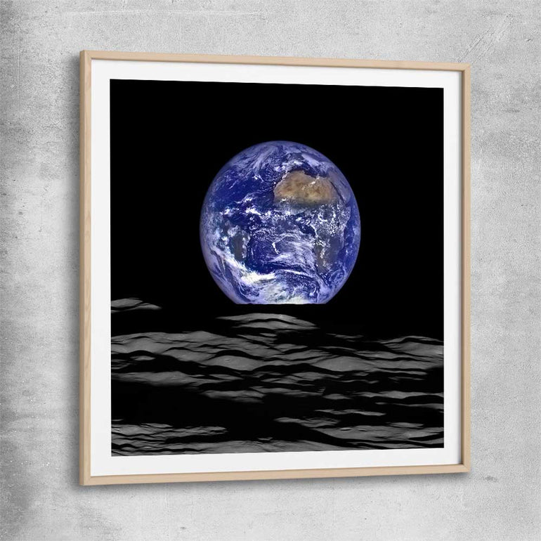 Space prints and wall art of The Earth with raw oak glass front frame