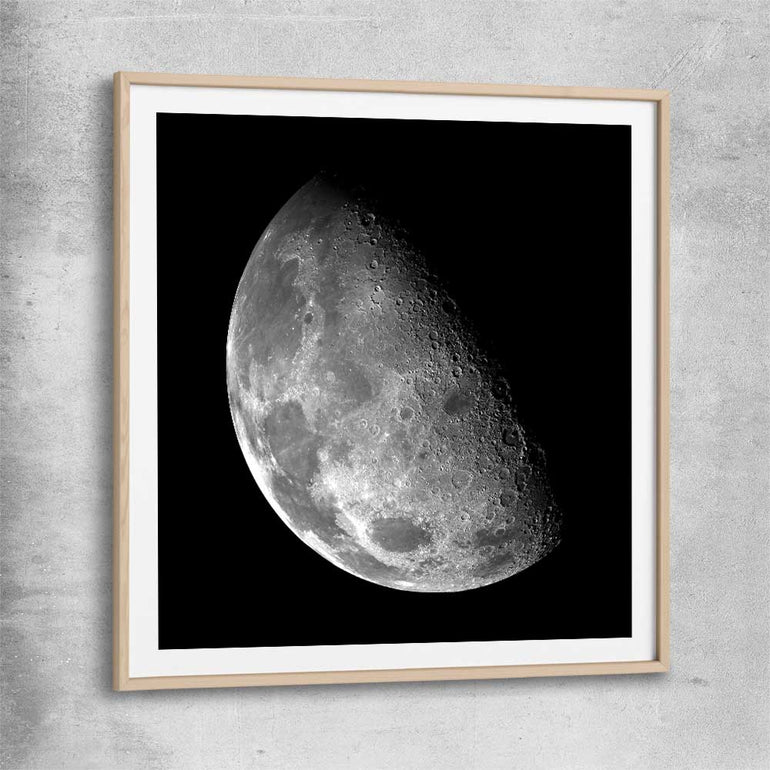 Space prints and wall art of The Moon with raw oak glass front frame