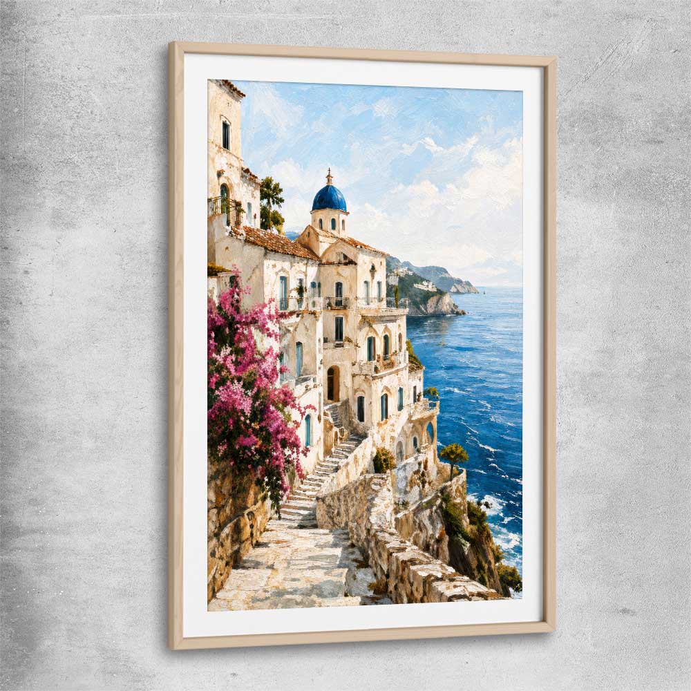 Amalfi Morning raw oak glass front frame is a high quality print in our city skyline, travel prints and maps collection