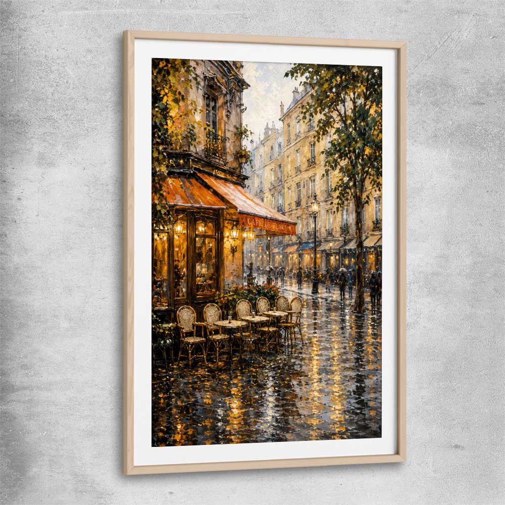 Rainy Paris Cafe raw oak glass front frame is a high quality print in our city skyline, travel prints and maps collection