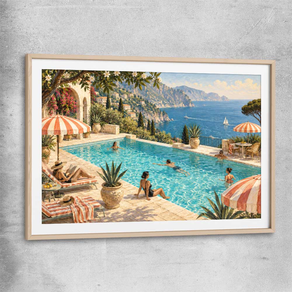Riviera Poolside raw oak glass front frame is a high quality print in our city skyline, travel prints and maps collection