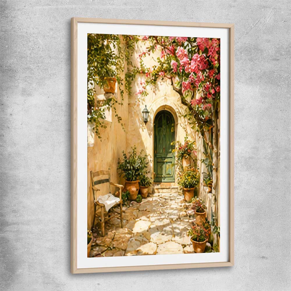Sunlit Courtyard raw oak glass front frame is a high quality print in our city skyline, travel prints and maps collection
