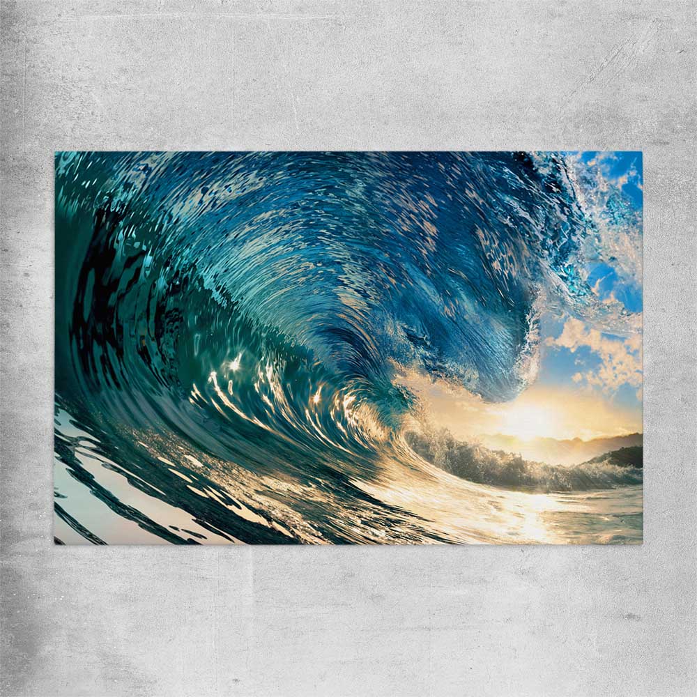 Beach and coastal wall art print of Golden Barrel Wave on a rolled print