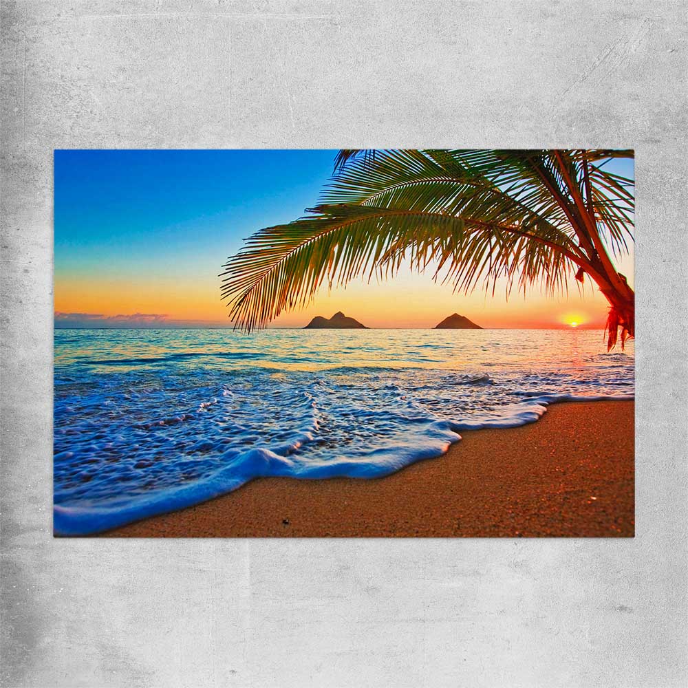 Beach and coastal wall art print of Tropical Sunset Shore on a rolled print