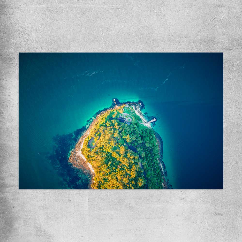 Beach and coastal wall art print of Bradleys Head Aerial on a rolled print