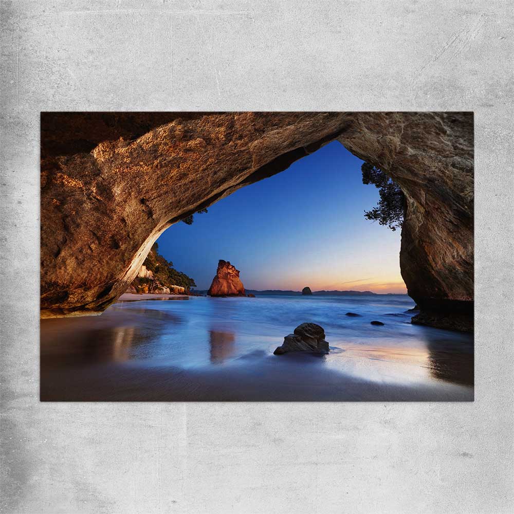 Beach and coastal wall art print of Cathedral Cove New Zealand on a rolled print