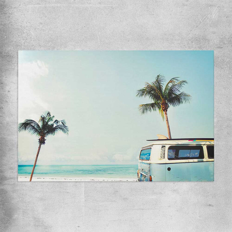 Beach and coastal wall art print of Combi Van Palms on a rolled print