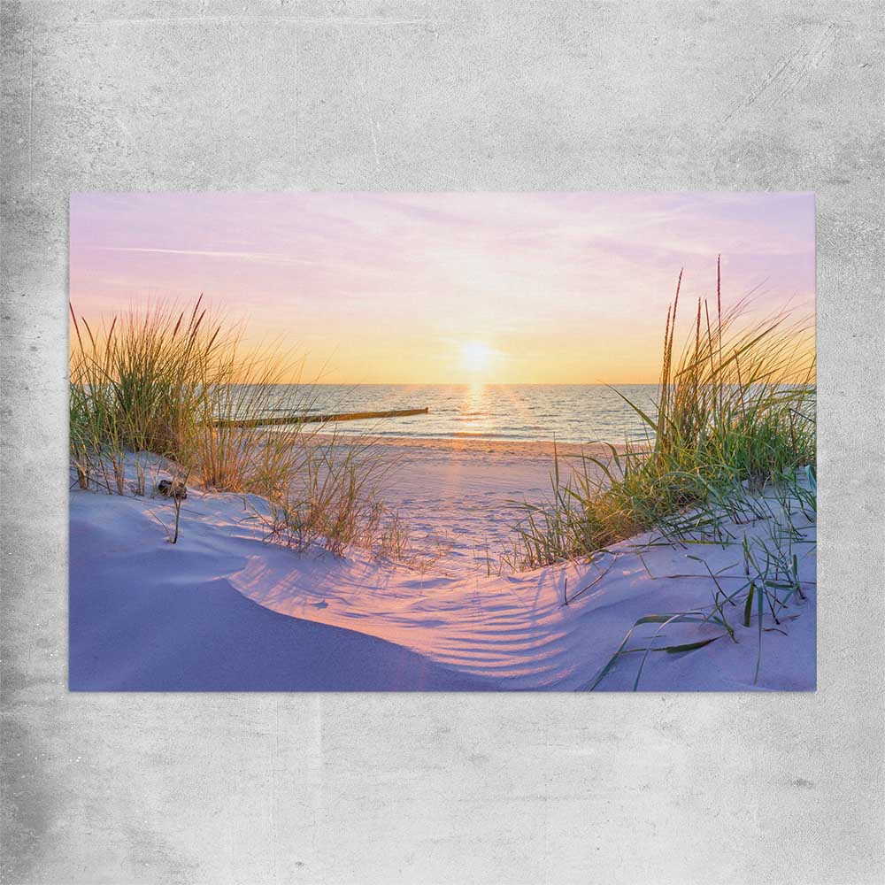 Beach and coastal wall art print of Pristine Beach Sunset on a rolled print
