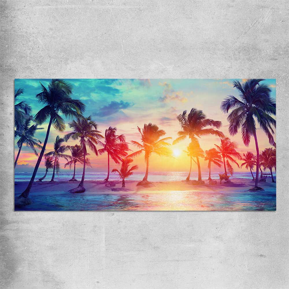 Beach and coastal wall art print of Sunset Palm Glow on a rolled print
