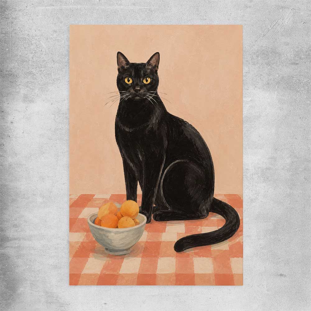 Black Cat and Peaches rolled print is a colourful and stylish canvas wall art and print suited for the kitchen area