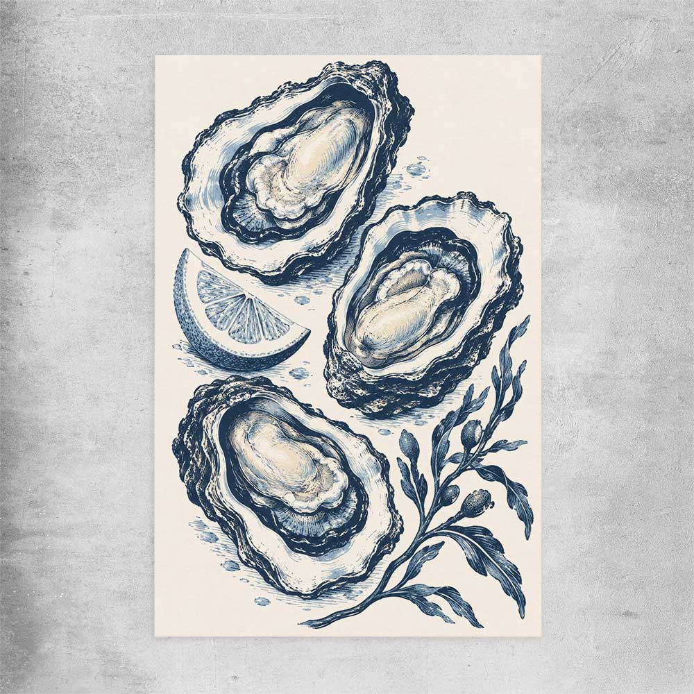 Coastal Indigo Oysters rolled print is a colourful and stylish canvas wall art and print suited for the kitchen area
