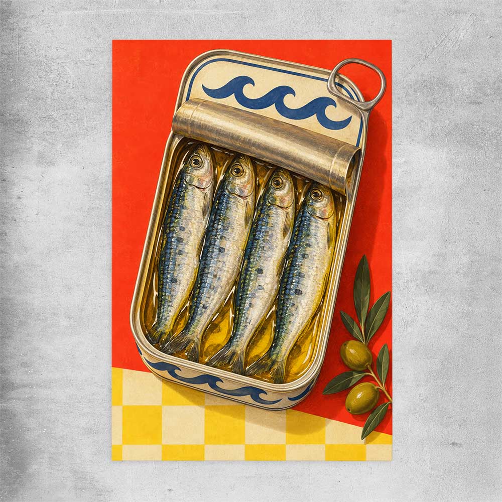 Golden Sardine Tin rolled print is a colourful and stylish canvas wall art and print suited for the kitchen area