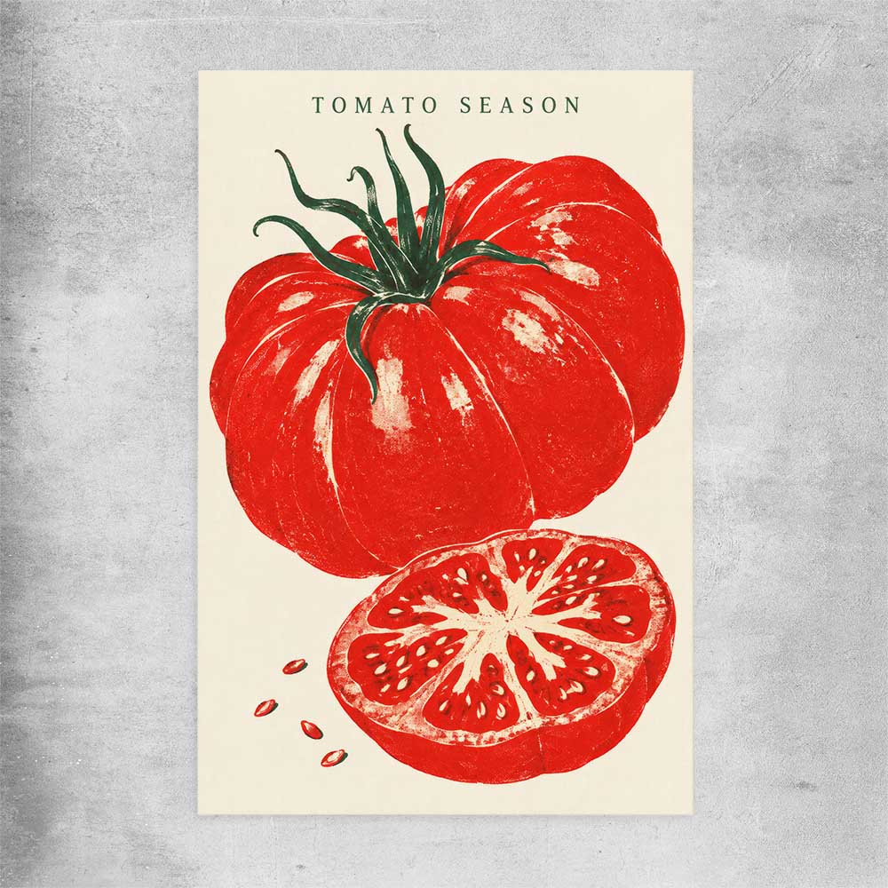 Heirloom Tomato Season rolled print is a colourful and stylish canvas wall art and print suited for the kitchen area