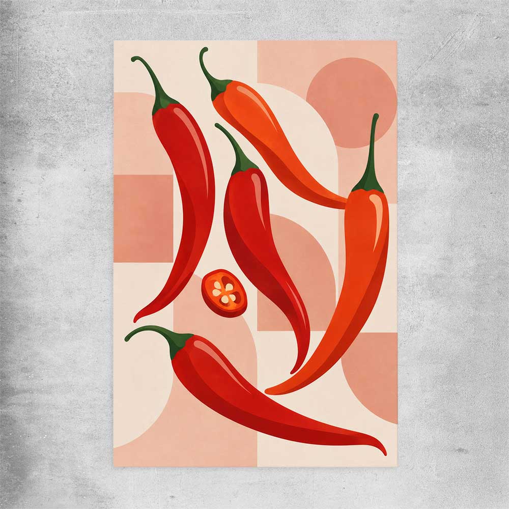 Scarlet Chilli Rhythm rolled print is a colourful and stylish canvas wall art and print suited for the kitchen area