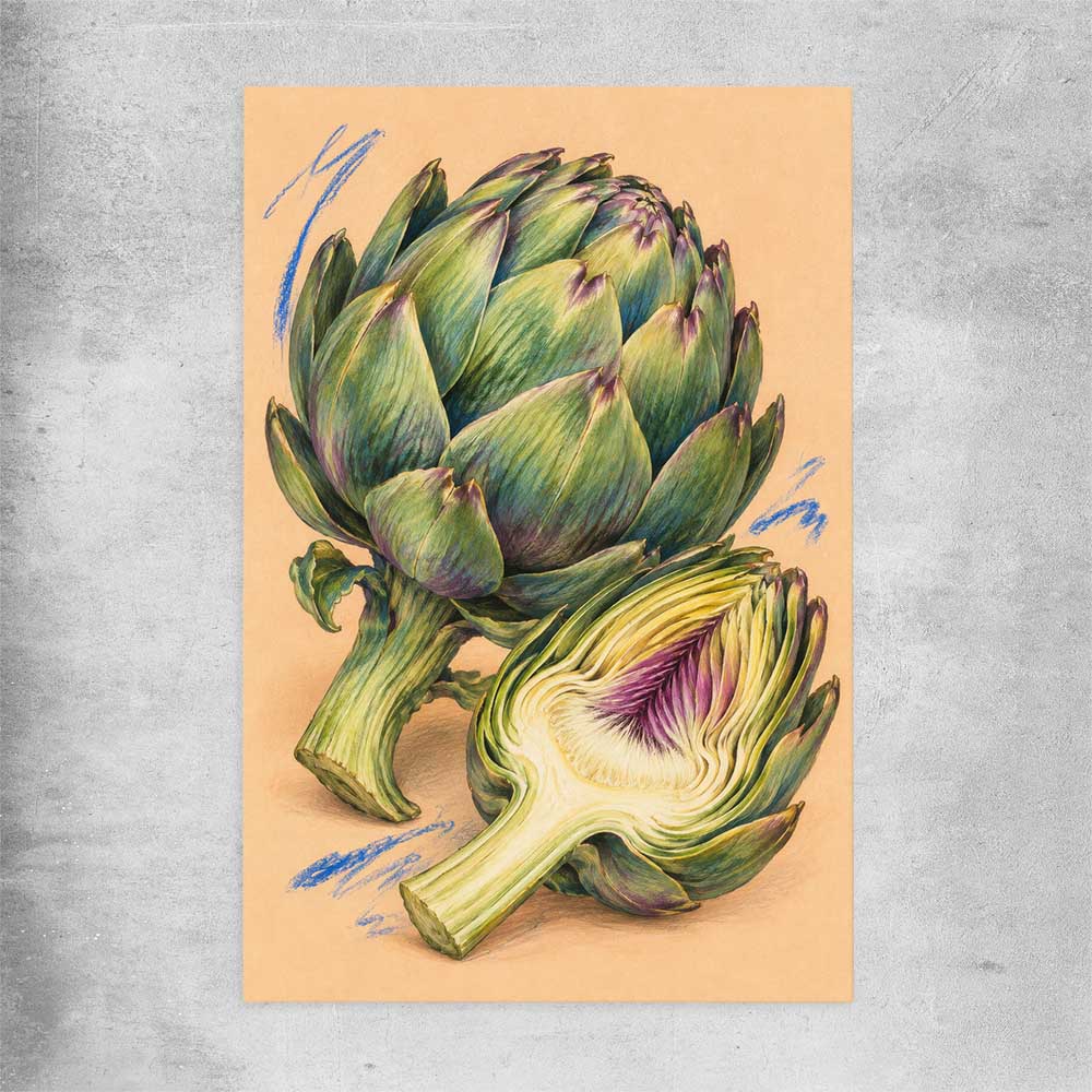 Sculptural Artichokes rolled print is a colourful and stylish canvas wall art and print suited for the kitchen area