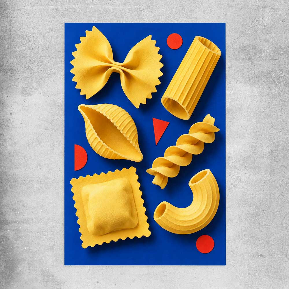 Sculptural Pasta rolled print is a colourful and stylish canvas wall art and print suited for the kitchen area