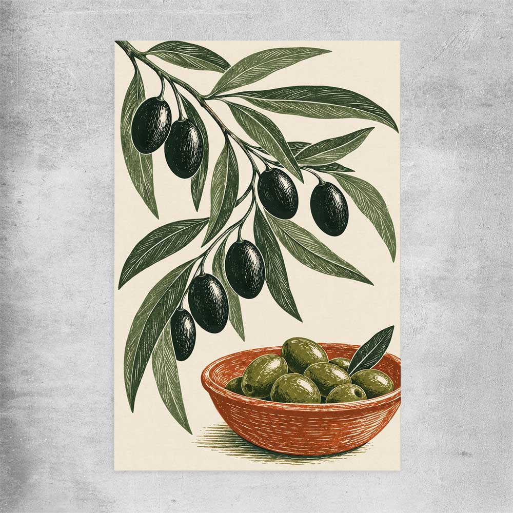 Terracotta Olive Branch rolled print is a colourful and stylish canvas wall art and print suited for the kitchen area