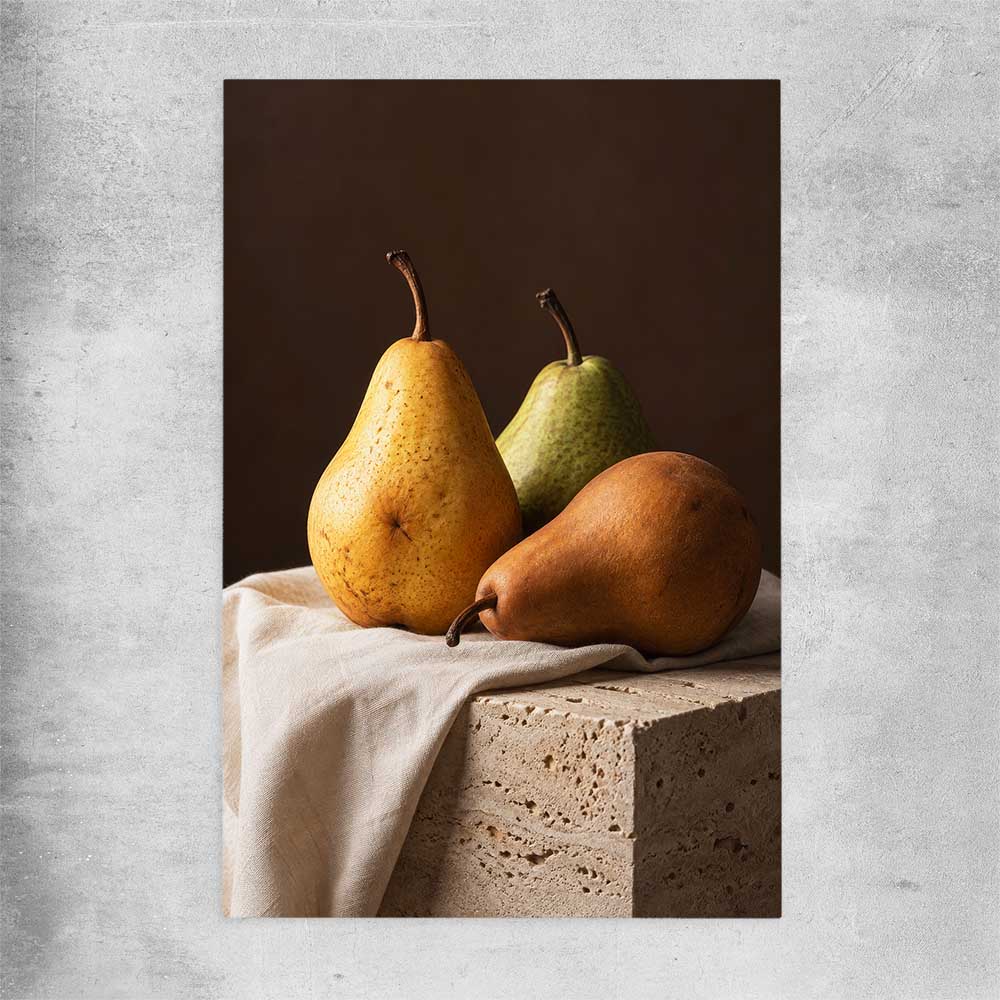 Three Pears rolled print is a colourful and stylish canvas wall art and print suited for the kitchen area