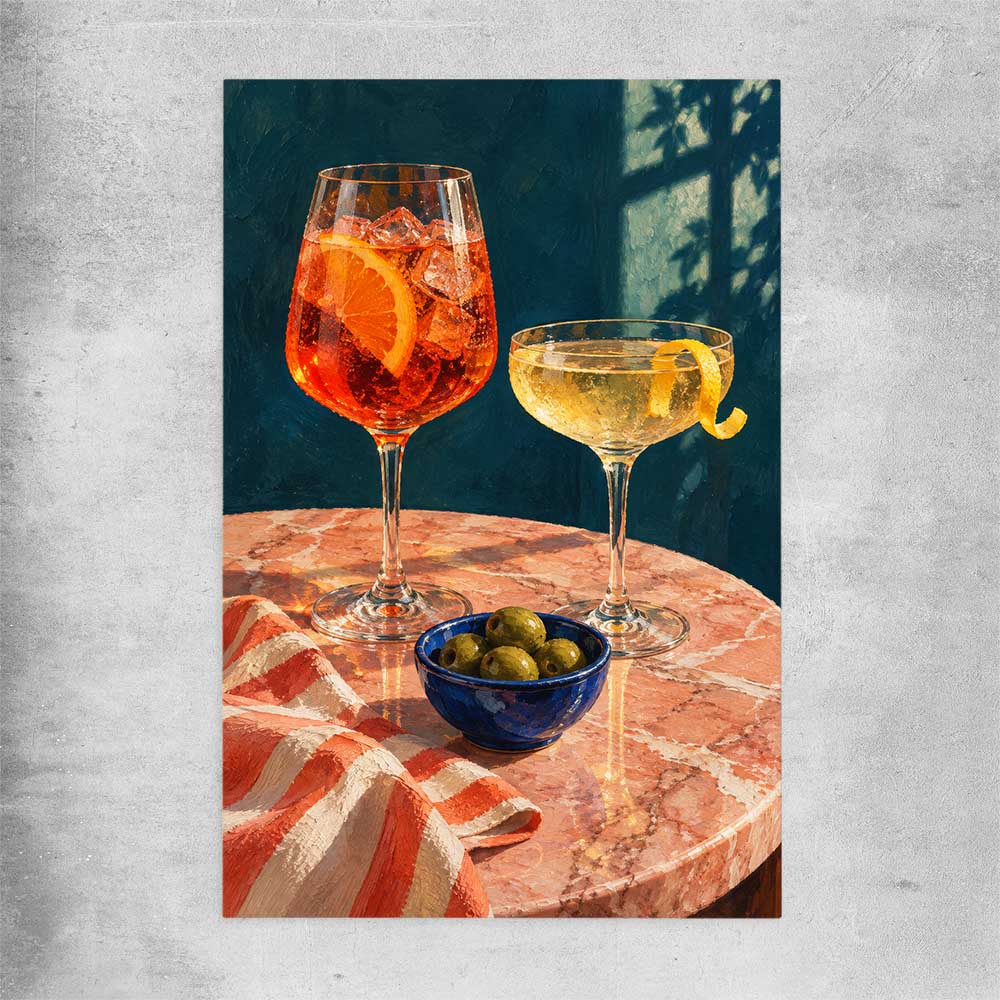 Twilight Aperitivo rolled print is a colourful and stylish canvas wall art and print suited for the kitchen area